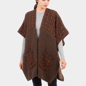 NEW. Brown & Orange Boucle & Plaid Open-front Pocket Cape Poncho
